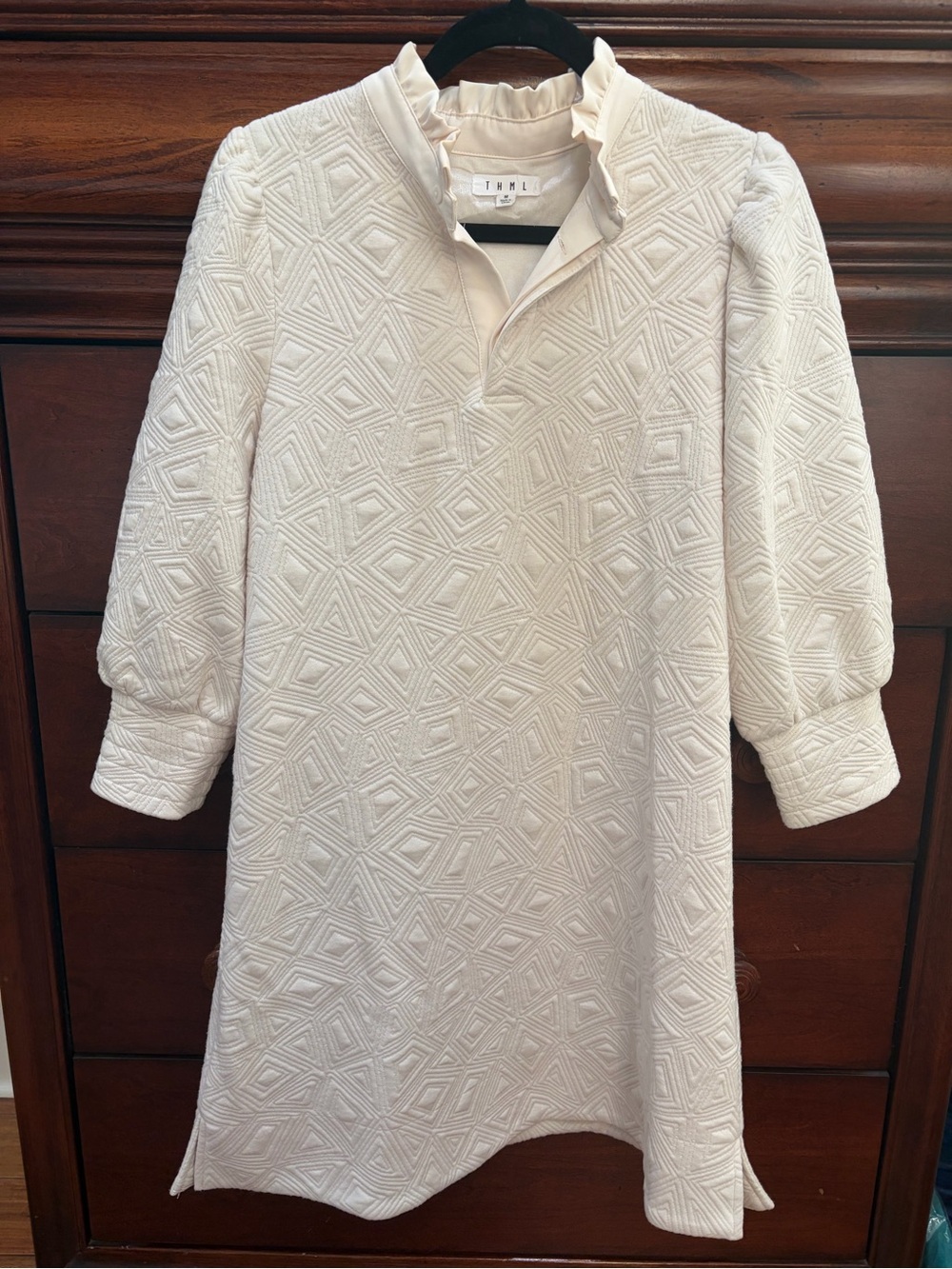 THML Cream Textured Ruffle-Neck 3/4 Sleeve Dress